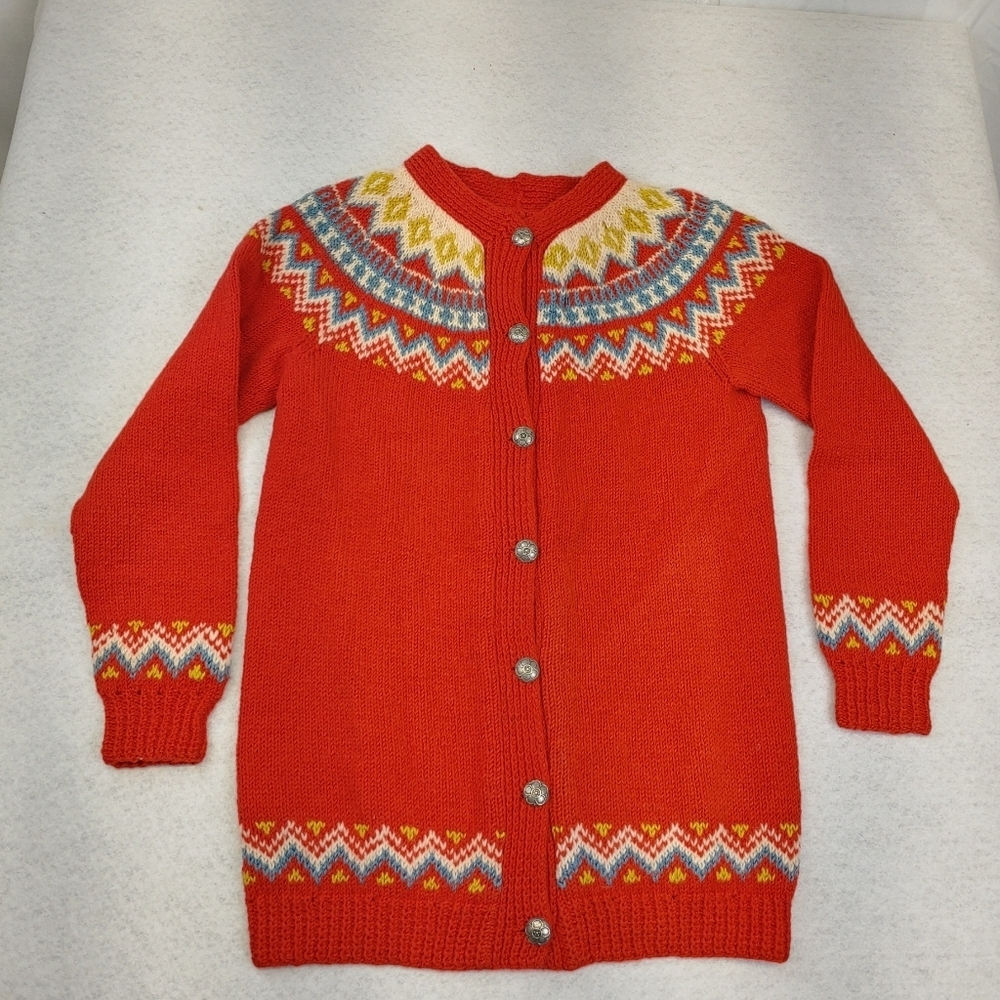 Vintage Wool Fair Isle Cardigan Red Nordic Sweater Girls L/ XL Corinne Votour